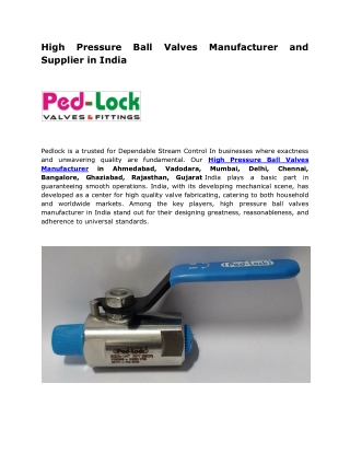 High Pressure Ball Valves Manufacturer and Supplier in India