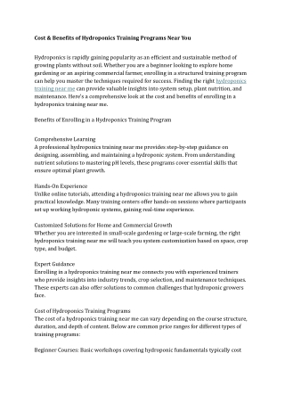 Cost & Benefits of Hydroponics Training Programs Near You