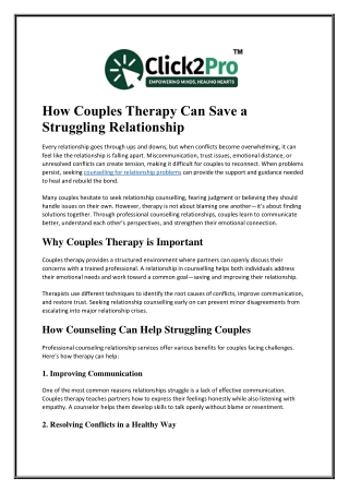 How Couples Therapy Can Save a Struggling Relationship