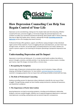 How Depression Counseling Can Help You Regain Control of Your Life