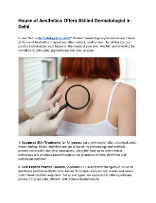 House of Aesthetics Offers Skilled Dermatologist in Delhi