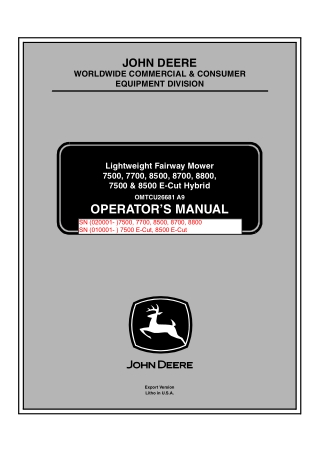 John Deere 8800 Hybrid Lightweight Fairway Mower Operator’s Manual Instant Download (Publication No.OMTCU26681)