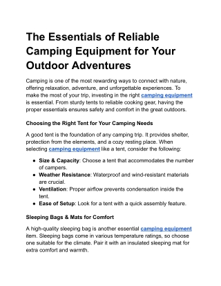 The Essentials of Reliable Camping Equipment for Your Outdoor Adventures