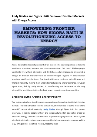 Andy Bindea’s Renewable Energy Mission in Frontier Economies