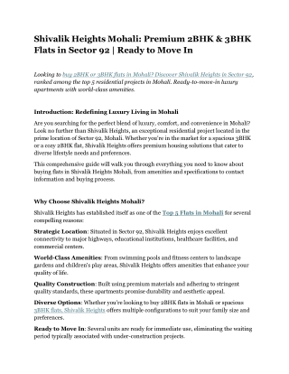 Shivalik Heights Mohali 2BHK & 3BHK Flats in Sector 92