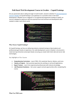 Full-Stack Web Development Course in Gwalior – CupuleTrainings
