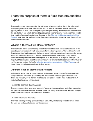 Learn the purpose of thermic Fluid Heaters and their Types