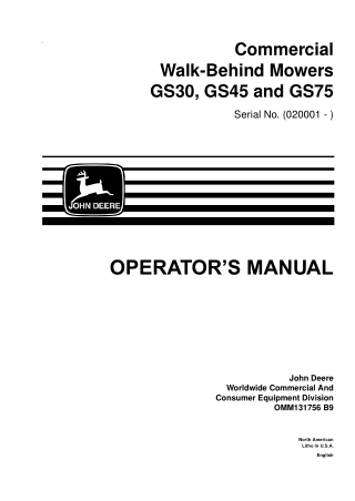 John Deere GS75 Commercial Walk-Behind Mowers Operator’s Manual Instant Download (Pin.020001-) (Publication No.OMM131756