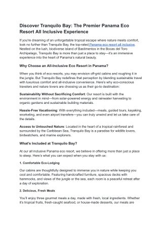 Discover Tranquilo Bay: The Premier Panama Eco Resort All Inclusive Experience