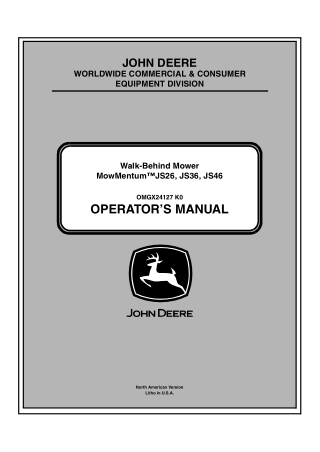 John Deere MowMentum™ JS46 Walk-Behind Mower Operator’s Manual Instant Download (PIN100001-) (Publication No.OMGX24127)