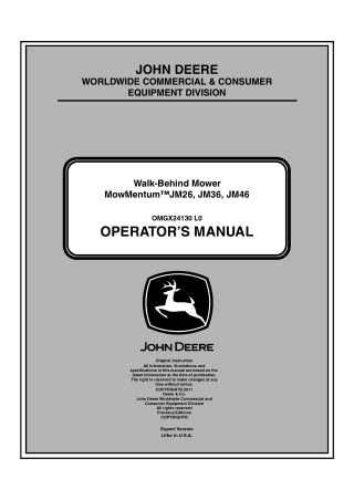 John Deere MowMentum™ JS46 Walk-Behind Mower Operator’s Manual Instant Download (PIN100001-) (Publication No.OMGX24130)