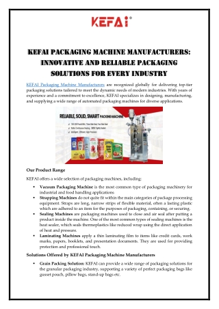 KEFAI Packaging Machine Manufacturers—Innovative and Reliable Packaging Solutions for Every Industry