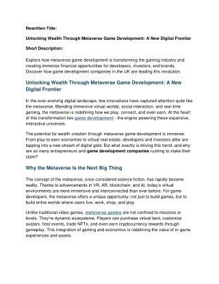 Unlocking Wealth Through Metaverse Game Development: A New Digital Frontier