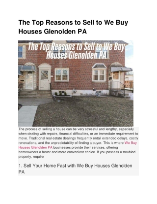 The Top Reasons to Sell to We Buy Houses Glenolden PA