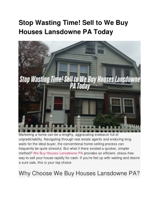 Stop Wasting Time! Sell to We Buy Houses Lansdowne PA Today