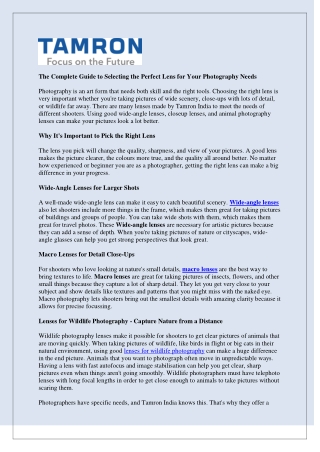 The Complete Guide to Selecting the Perfect Lens for Your Photography Needs