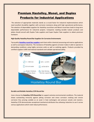 Premium Hastelloy, Monel, and Duplex Products for Industrial Applications