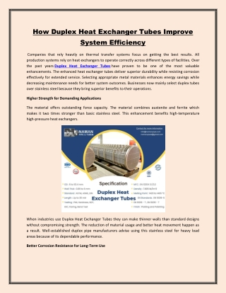 How Duplex Heat Exchanger Tubes Improve System Efficiency