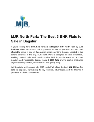 MJR North Park_ The Best 3 BHK Flats for Sale in Bagalur