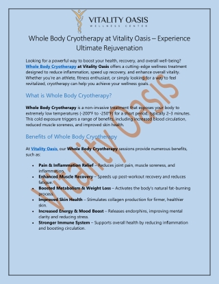 Whole Body Cryotherapy At Vitality Oasis