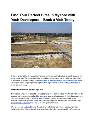 Find Your Perfect Sites in Mysore with Yesh Developers – Book a Visit Today