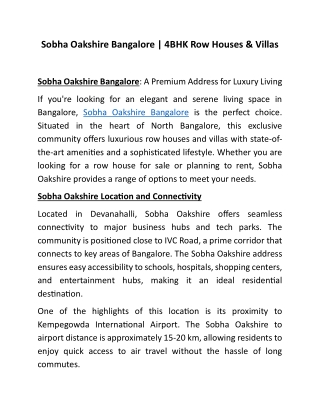 Sobha Oakshire 4BHK luxury Row houses in Devanahalli, Bangalore