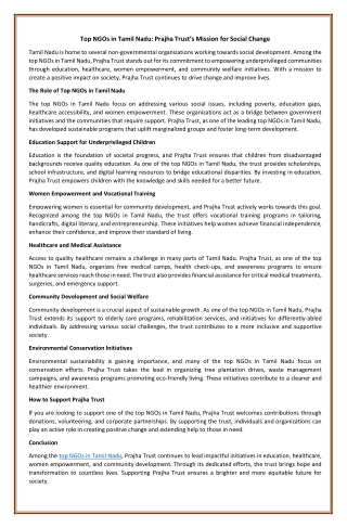 Top NGOs in Tamil Nadu: Prajha Trust’s Mission for Social Change