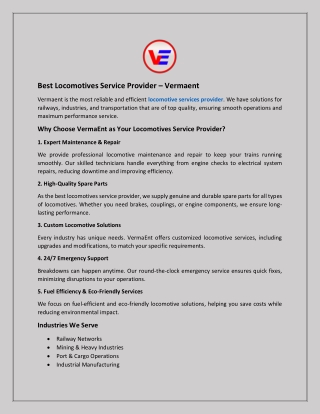 Best Locomotives Service Provider - Reliable & Efficient Solutions