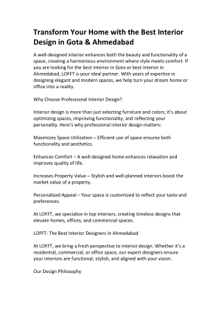 Transform Your Home with the Best Interior Design in Gota & Ahmedabad