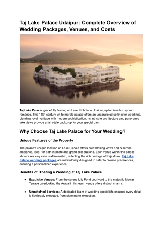 Taj Lake Palace Udaipur_ Complete Overview of Wedding Packages, Venues, and Costs
