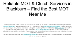 Reliable MOT & Clutch Services in Blackburn – Find the Best MOT Near Me