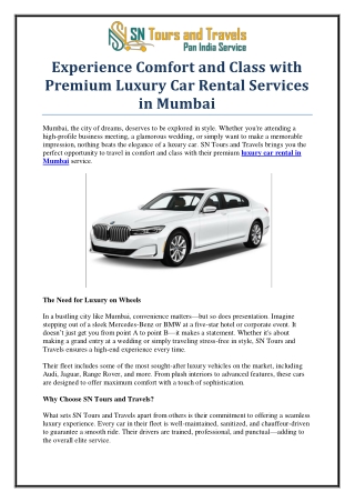 Top Luxury Car Rental in Mumbai | SN Tours and Travels