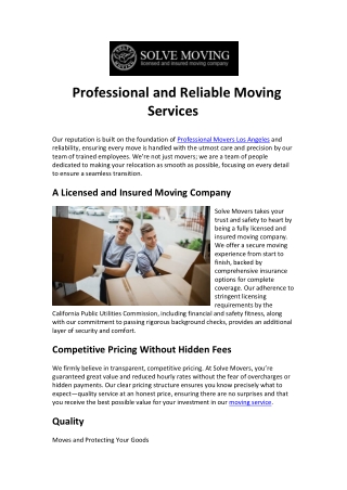 Professional and Reliable Moving Services