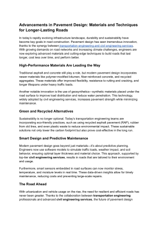 Advancements in Pavement Design: Materials and Techniques for Longer-Lasting Roa