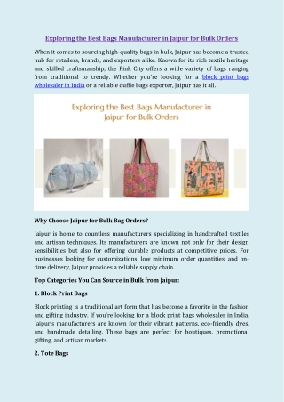 Exploring the Best Bags Manufacturer in Jaipur for Bulk Orders