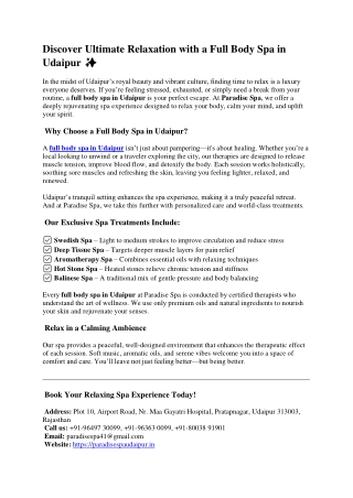 Discover Ultimate Relaxation with a Full Body Spa in Udaipur