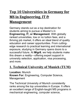Top 10 Universities in Germany for MS in Engineering