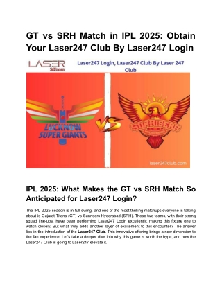 GT vs SRH Match in IPL 2025_ Obtain Your Laser247 Club By Laser247 Login