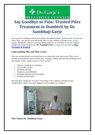 Best Piles Treatment in Dombivli – Consult Dr. Sambhaji Garje Today