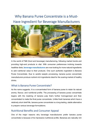 Why Banana Puree Concentrate is a Must-Have Ingredient for Beverage Manufacturer