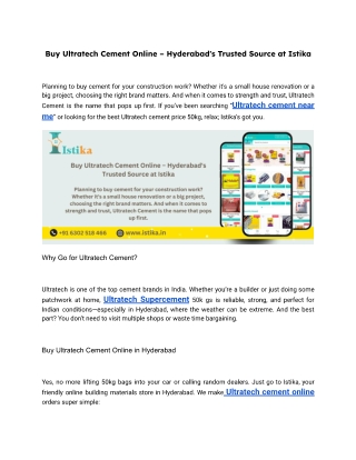 Buy Ultratech Cement Online – Hyderabad's Trusted Source at Istika