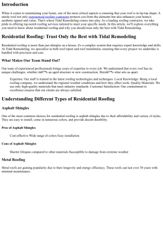Residential Roofing: Trust Only the Best with Tidal Remodeling