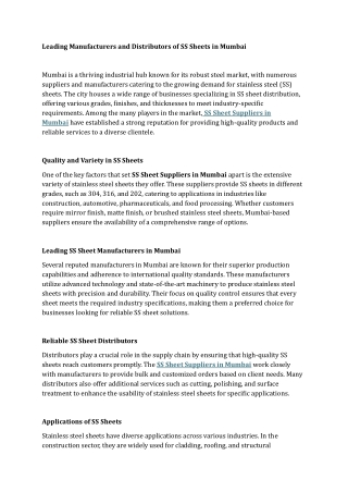 Leading Manufacturers and Distributors of SS Sheets in Mumbai