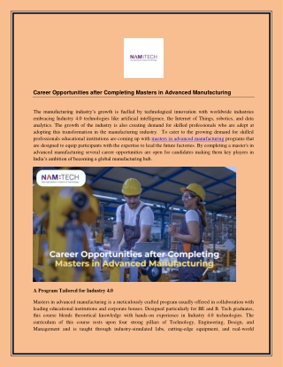 Career Opportunities after Completing Masters in Advanced Manufacturing