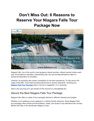 Don’t Miss Out: 6 Reasons to Reserve Your Niagara Falls Tour Package Now