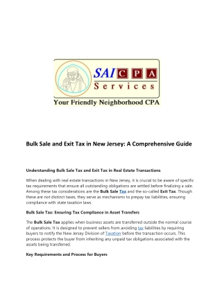 Bulk Sale and Exit Tax in New Jersey - SAI CPA Services
