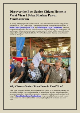 Best Senior Citizen Home in Vasai Virar