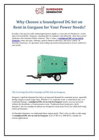 Why Choose a Soundproof DG Set on Rent in Gurgaon for Your Power Needs