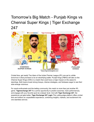 Tomorrow’s Big Match - Punjab Kings vs Chennai Super Kings _ Tiger Exchange 247