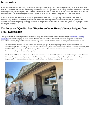 The Impact of Quality Roof Repairs on Your Home’s Value: Insights from Tidal Rem